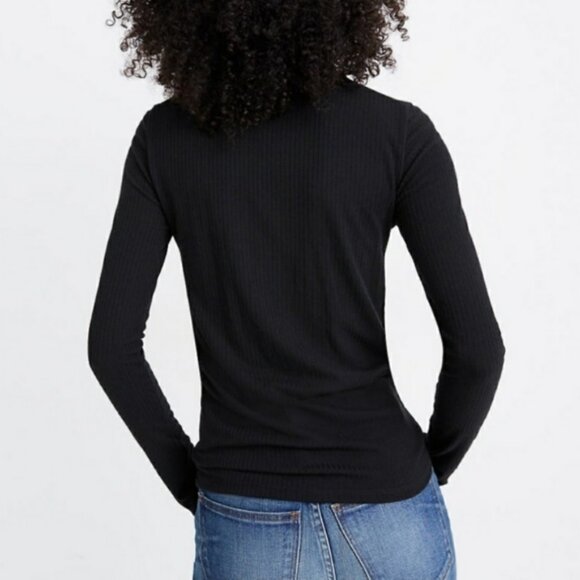 Madewell Turtleneck Top Tee Ribbed Long Sleeve High Neck Black Cotton Stretch - Picture 6 of 7